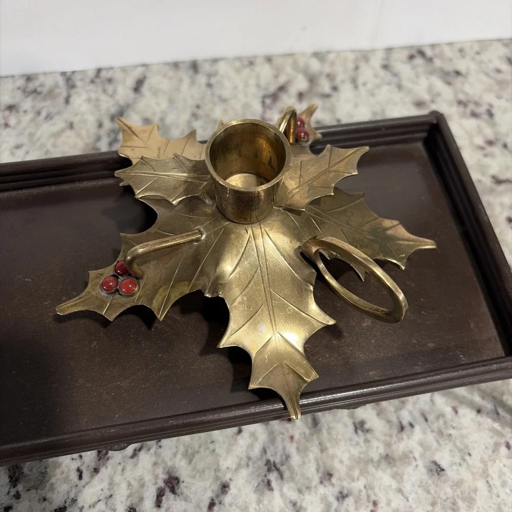 Vintage Brass Holly Leaf Chamber Candlestick Holder Red Berry Christmas India